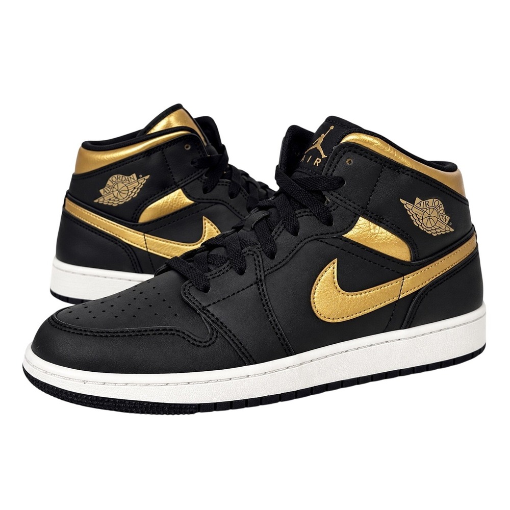 Jordan 1 Mid GS Kids Size 6.5Y Black Metallic Gold White DQ8423-071 Sneakers